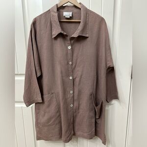 La Fixsun Linen Taupe Brown Button-Up Tunic Blouse sz Small Pockets Minimalist